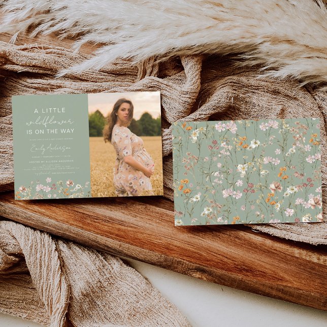 Sage Green A Little Wildflower Photo Baby Shower Invitation (Creator Uploaded)