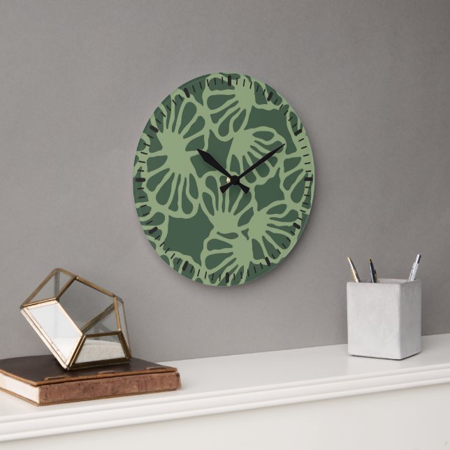 Sage Green Abstract Coral Floral Seamless Pattern Large Clock (Office)