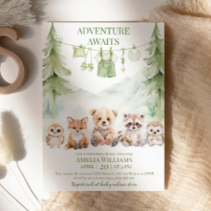 Sage Green Adventure Awaits Woodland Baby Shower Invitation