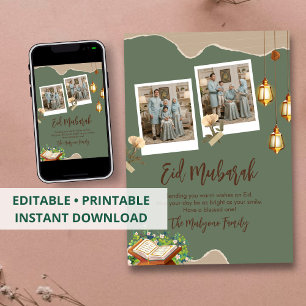 Sage Green Aesthetic Eid Mubarak Card with Photo
