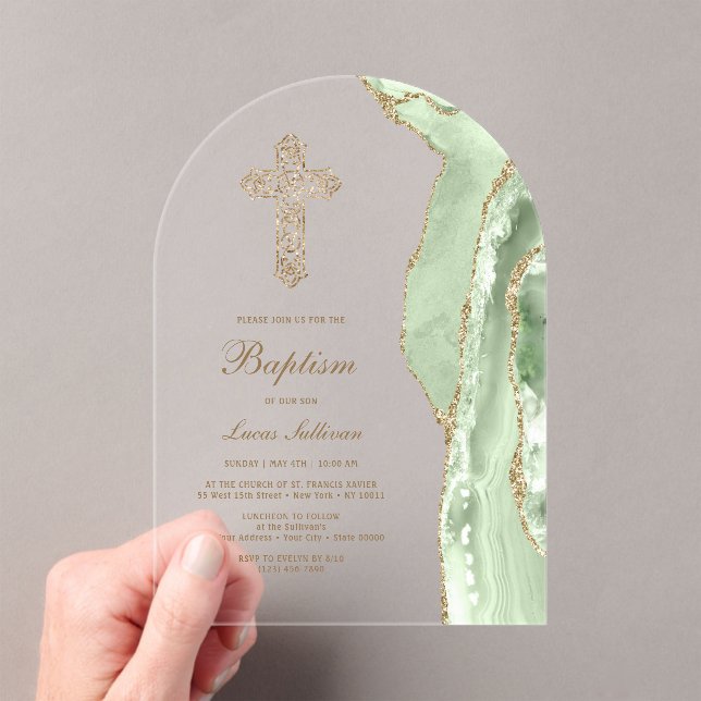 Sage Green Agate Baptism Acrylic Invitations (Insitu (Handheld))