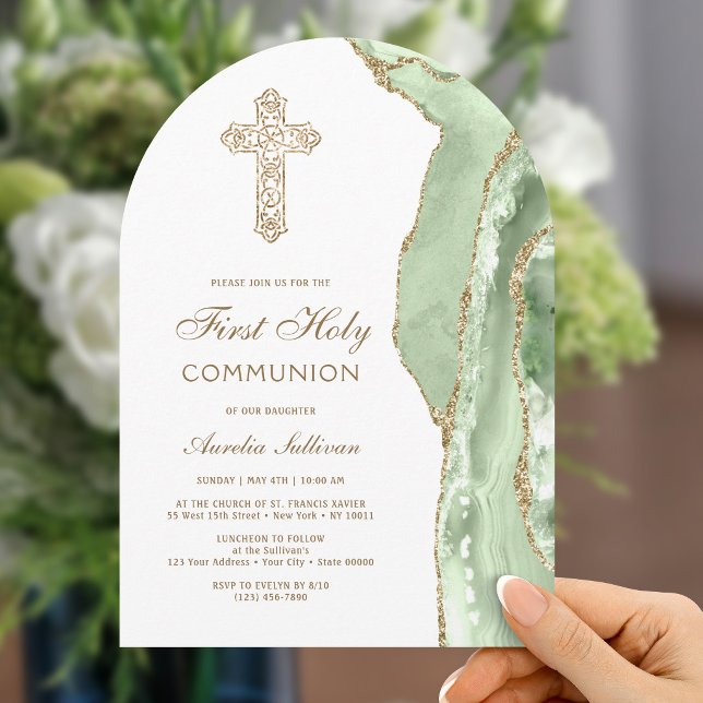 Sage Green Agate First Communion Invitation (Creator Uploaded)