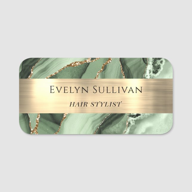 Sage Green Agate Gold Foil Name Tag (Front)