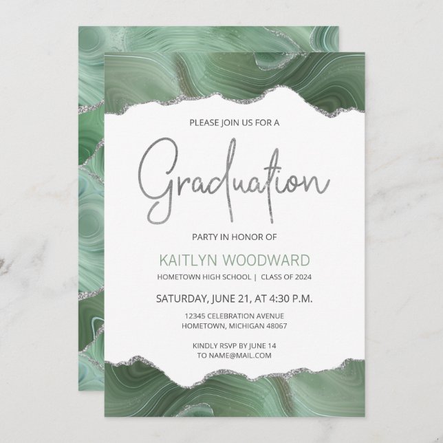 Sage Green Agate Silver Graduation Party Invite (Front/Back)