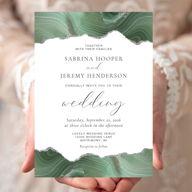 Sage Green Agate Silver Wedding Invitation (Creator Uploaded)
