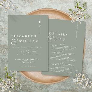 Sage Green All In One Modern Monogram Wedding Invitation