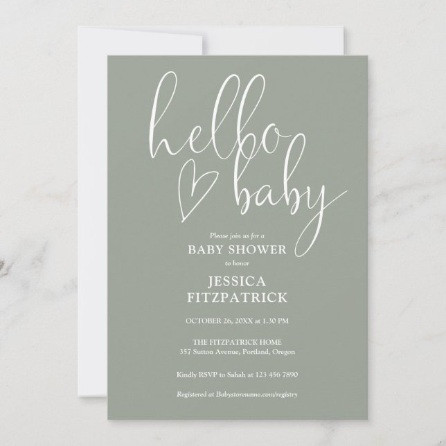 Sage Green All In One QR Code Hello Baby Shower Invitation (Front)
