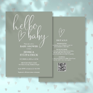 Sage Green All In One QR Code Hello Baby Shower Invitation