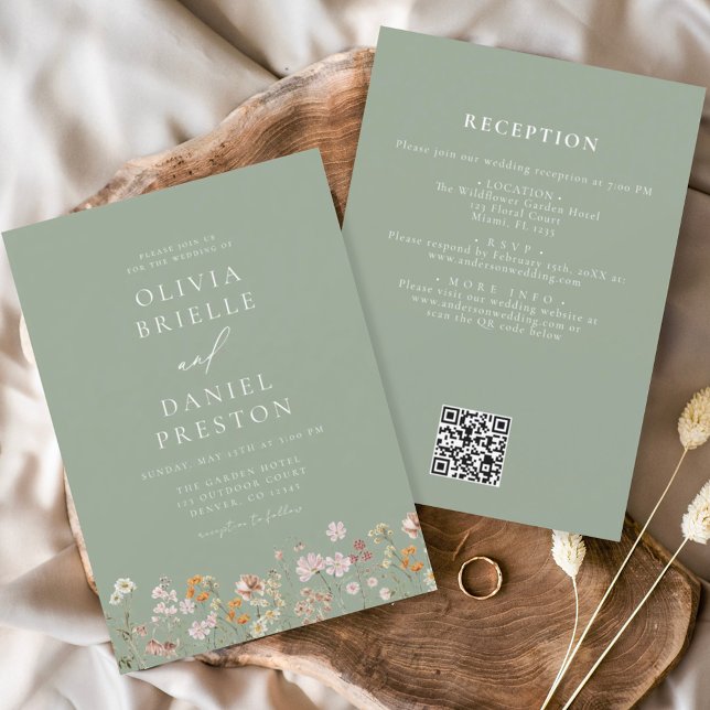Sage Green All in One Wildflower QR Code Wedding Invitation (Creator Uploaded)