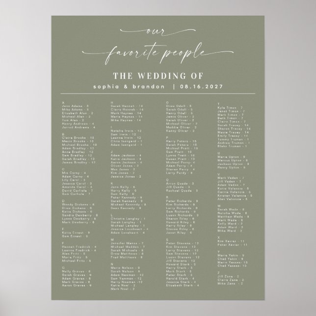 Sage Green Alphabetical Wedding Seating Chart (Front)