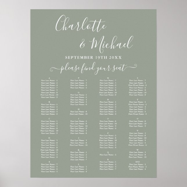 Sage Green Alphabetical Wedding Seating Chart (Front)