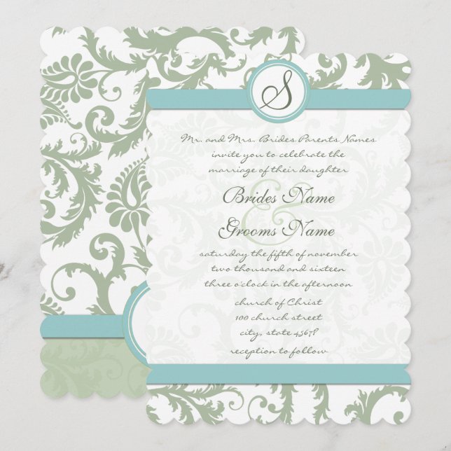 Sage Green and Aqua Damask Wedding Invite (Front/Back)