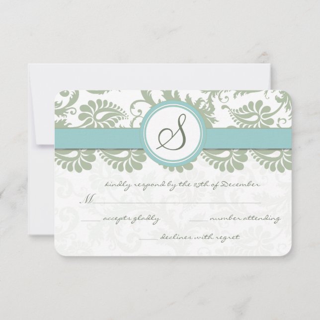Sage Green and Aqua Damask Wedding RSVP (Back)