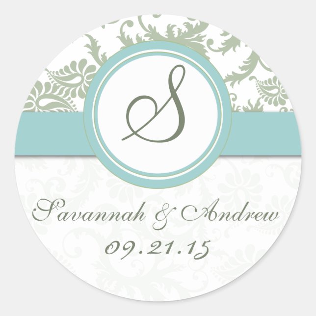 Sage Green and Aqua Wedding Sticker (Front)