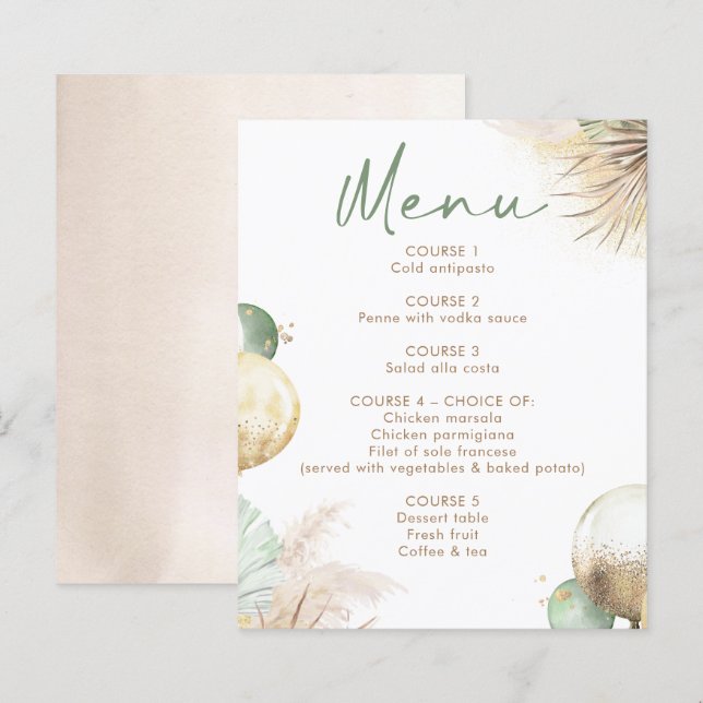 Sage Green and Beige Boho Menu Cards (Front/Back)