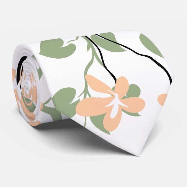Sage green and black branch and peach flowers tie (Rolled)