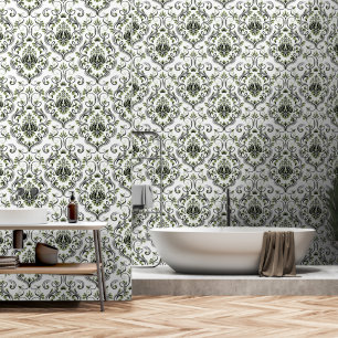 Sage Green and Black Damask Floral peel and stick Wallpaper