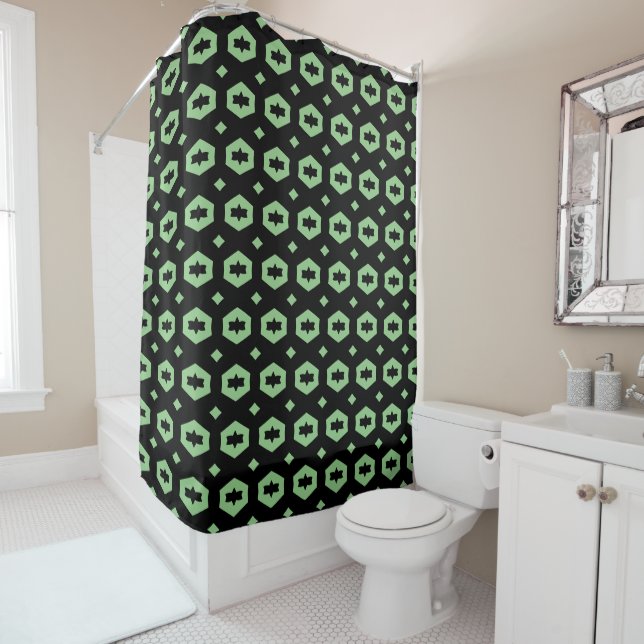 Sage Green and Black: Geometriana 1 Shower Curtain (In Situ)