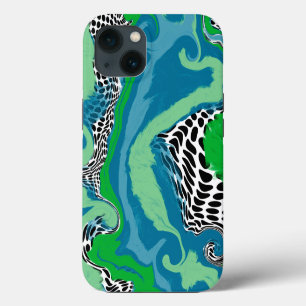 Sage Green and Blue, Black and White Dots Abstract iPhone 13 Case