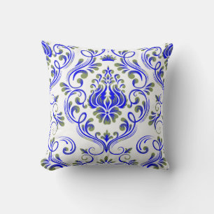 Sage Green and Blue Damask Floral Pattern Elegant Cushion