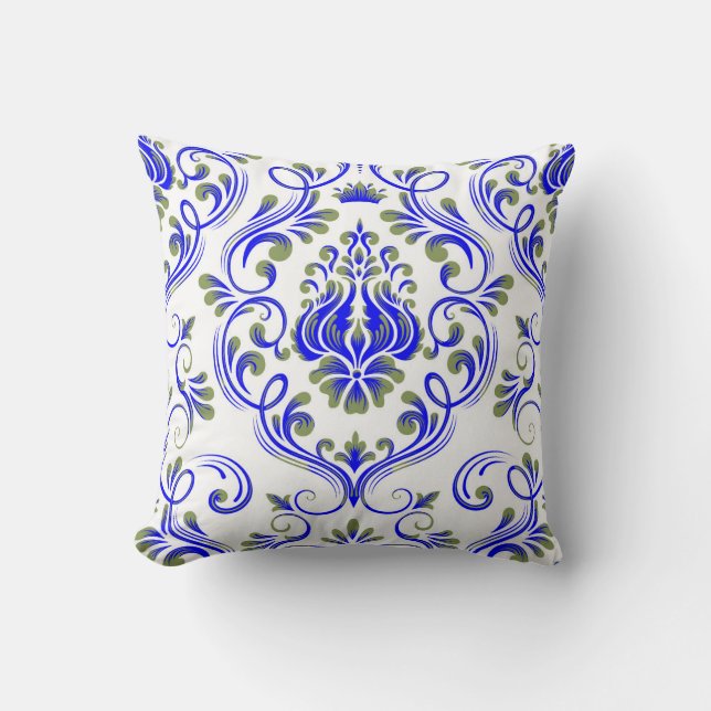 Sage Green and Blue Damask Floral Pattern Elegant  Cushion (Front)