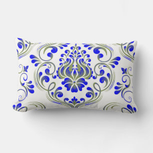 Sage Green and Blue Damask Floral Pattern Elegant  Lumbar Cushion