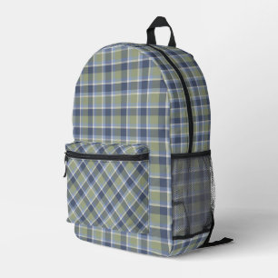 Sage Green and Blue Plaid Pattern Printed Backpack