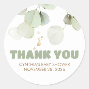 Sage Green and Brown Eucalyptus Leaves Thank You Classic Round Sticker