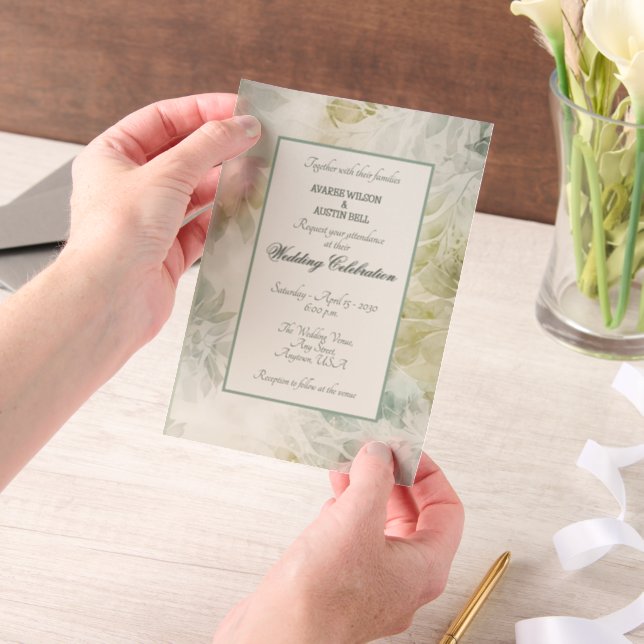 Sage Green and Champagne Floral Framed  Vellum Invitations (Handheld)