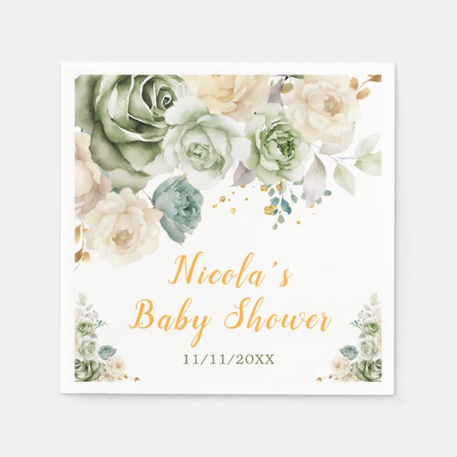 Sage Green and Cream Floral Baby Shower Napkin (Front)