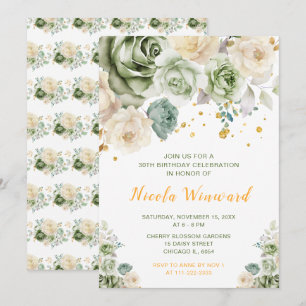 Sage Green and Cream Floral Birthday Party Invitation