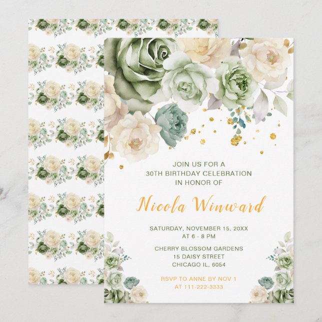 Sage Green and Cream Floral Birthday Party Invitation (Front/Back)