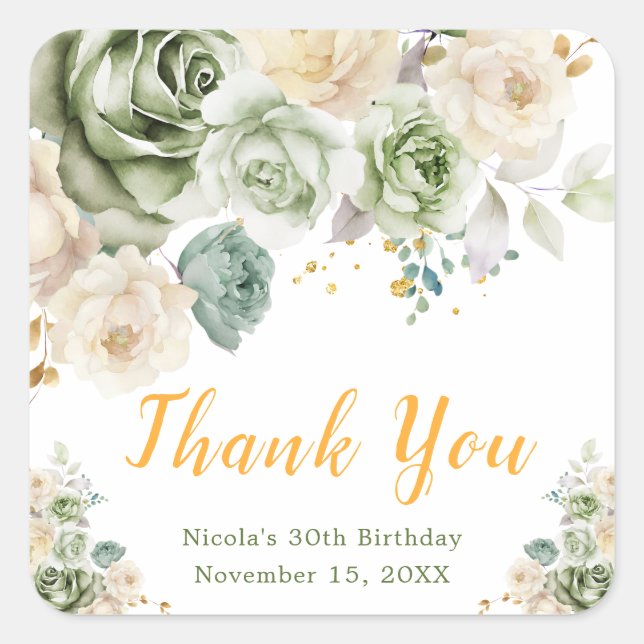 Sage Green and Cream Floral Birthday Party Square Sticker (Front)