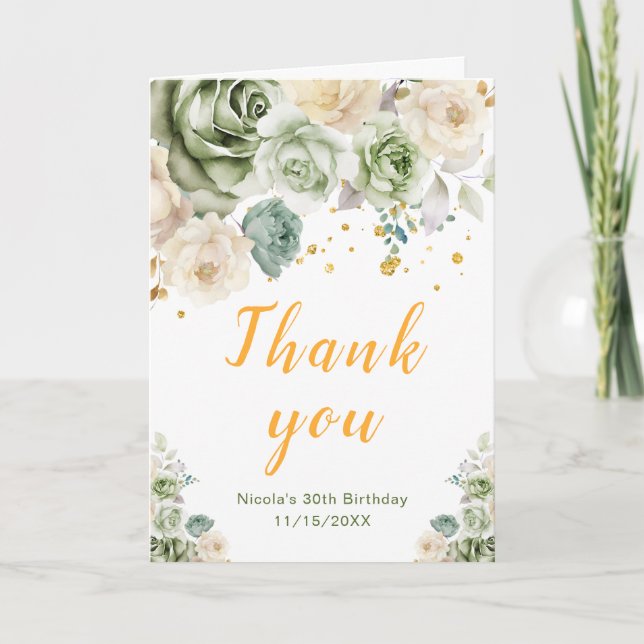 Sage Green and Cream Floral Birthday Party Thank You Card (Front)