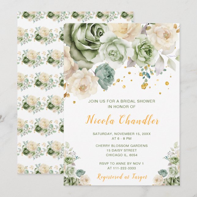 Sage Green and Cream Floral Bridal Shower Invitation (Front/Back)