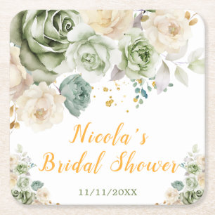 Sage Green and Cream Floral Bridal Shower Square Paper Coaster