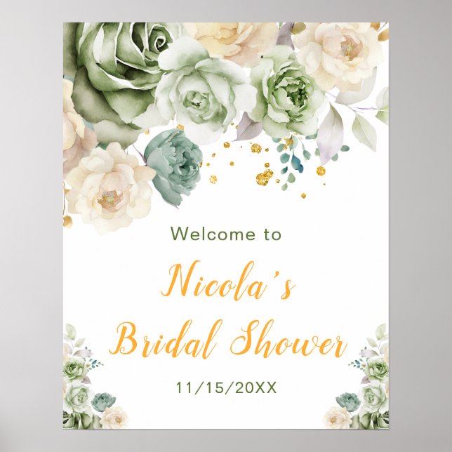 Sage Green and Cream Floral Bridal Shower Welcome Poster (Front)