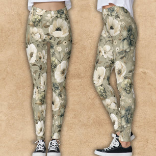Sage Green And Cream Floral Leggings