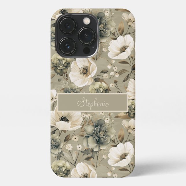 Sage Green And Cream Floral Personalised iPhone Case (Back)