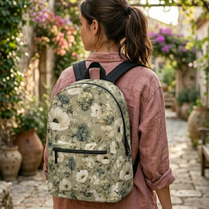 Sage Green And Cream Floral Printed Backpack