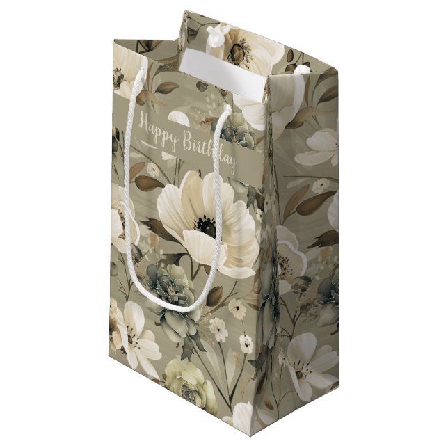 Sage Green And Cream Floral Small Gift Bag (Front Angled)