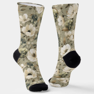 Sage Green And Cream Floral  Socks