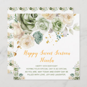 Sage Green and Cream Floral Sweet Sixteen Card