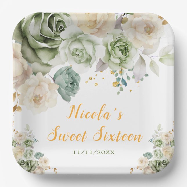 Sage Green and Cream Floral Sweet Sixteen Paper Plate (Front)