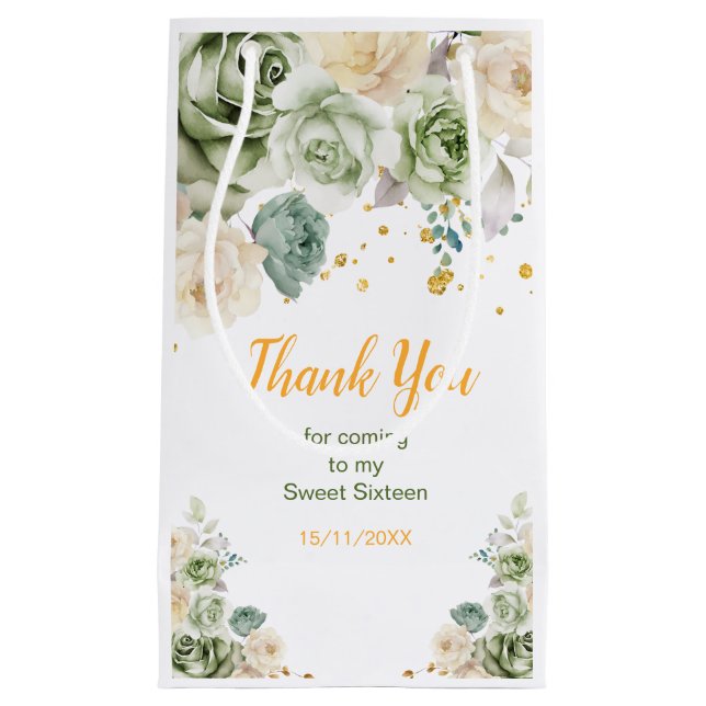 Sage Green and Cream Floral Sweet Sixteen Small Gift Bag (Front)
