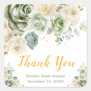 Sage Green and Cream Floral Sweet Sixteen Square Sticker
