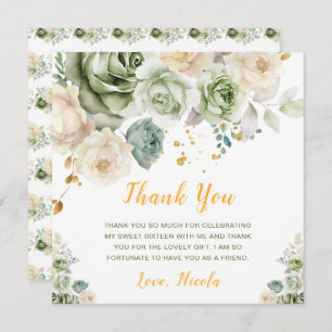 Sage Green and Cream Floral Sweet Sixteen Thank You Card