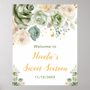 Sage Green and Cream Floral Sweet Sixteen Welcome Poster