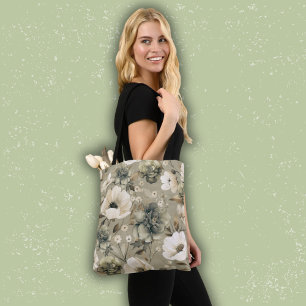 Sage Green And Cream Floral Tote Bag