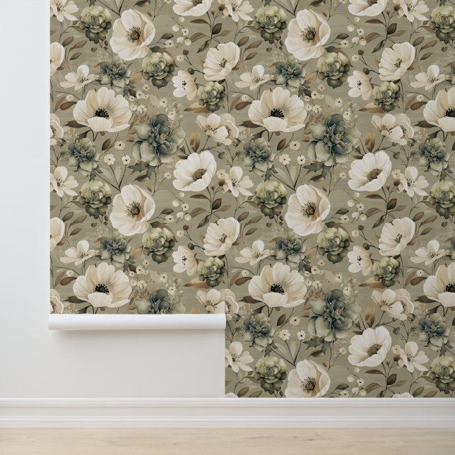 Sage Green And Cream Floral Wallpaper (Application)